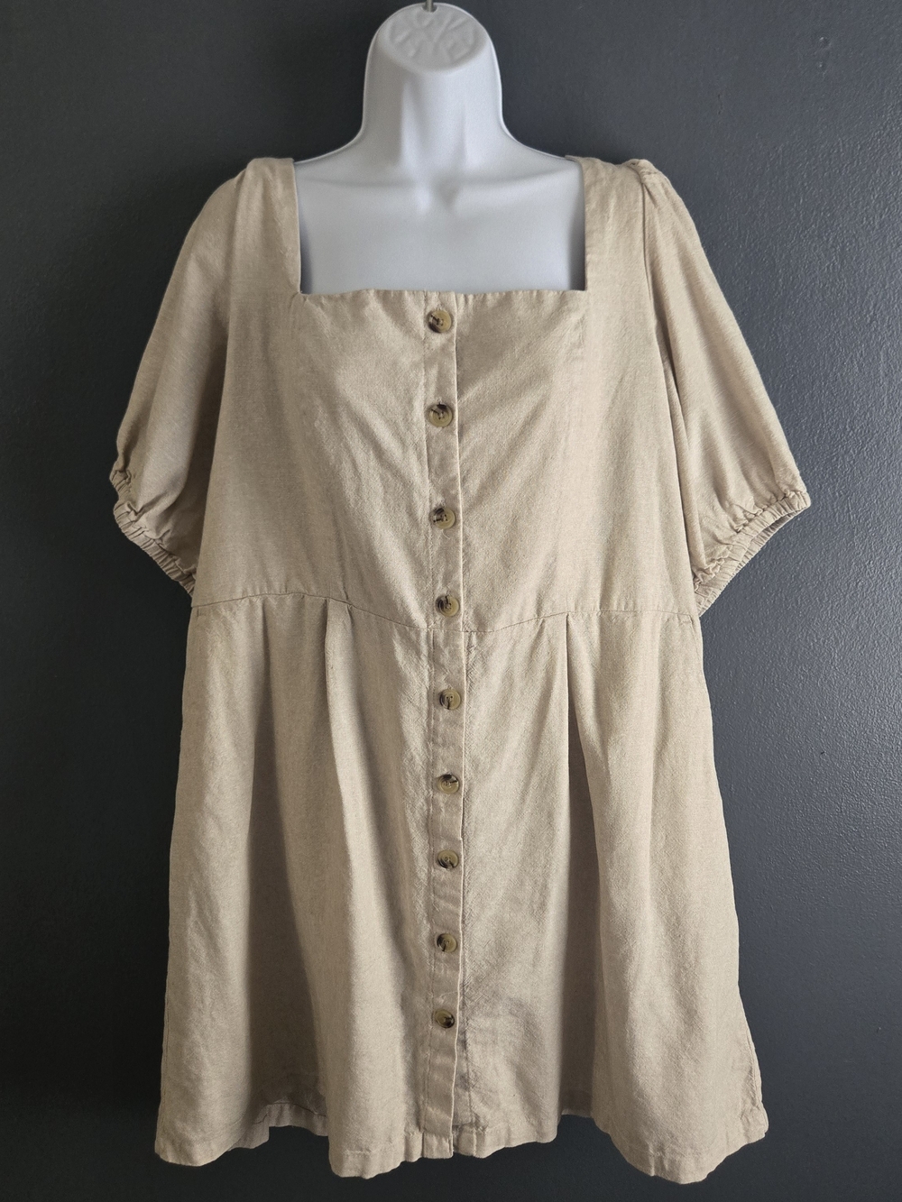Linen Blend Oatmeal Puff Sleeve Milkmaid Cottagecore Coastal Tunic Dress XXL